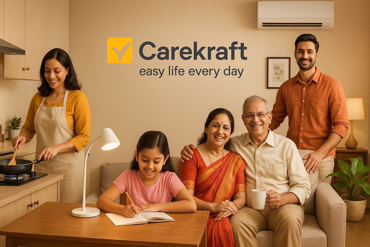 Generate a home page image of an indian family happy and using utilities with Carekraft easy life every day logo embedded on it 